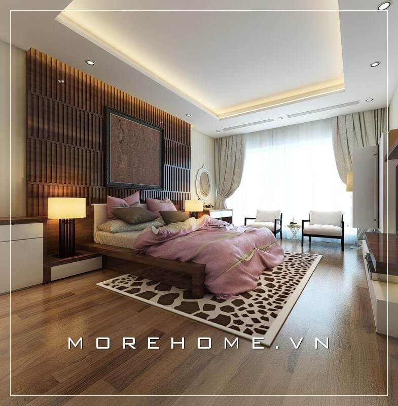 Giường ngủ gỗ công nghiệp hiện đại được thiết kế kiểu dáng thấp tạo cảm giác thoáng đãng hơn cho khu vực phòng ngủ